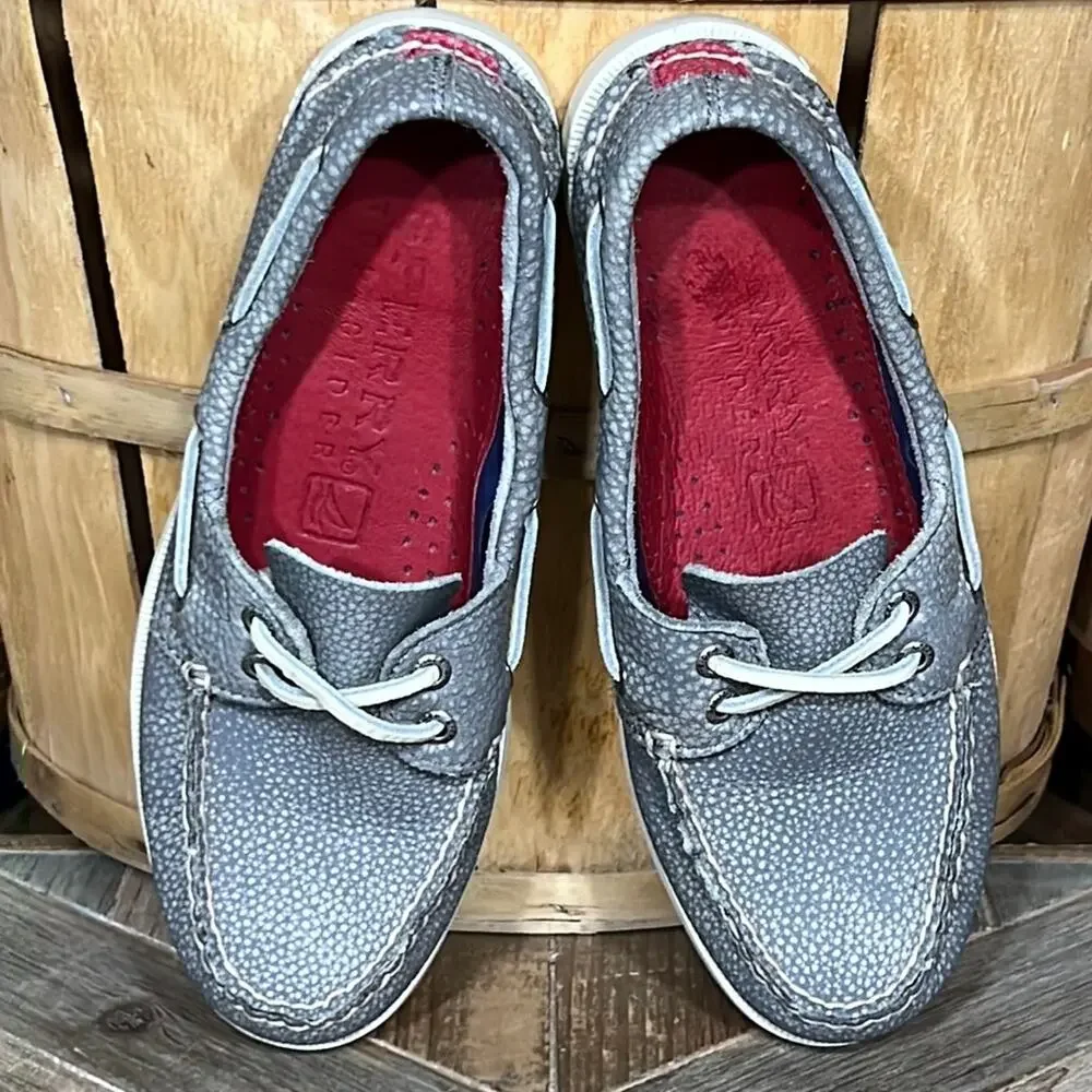 Sperry A/O 2-Eye Washed Flecked Pebbled Gray Red Leather Boat Shoes Mens Size 7